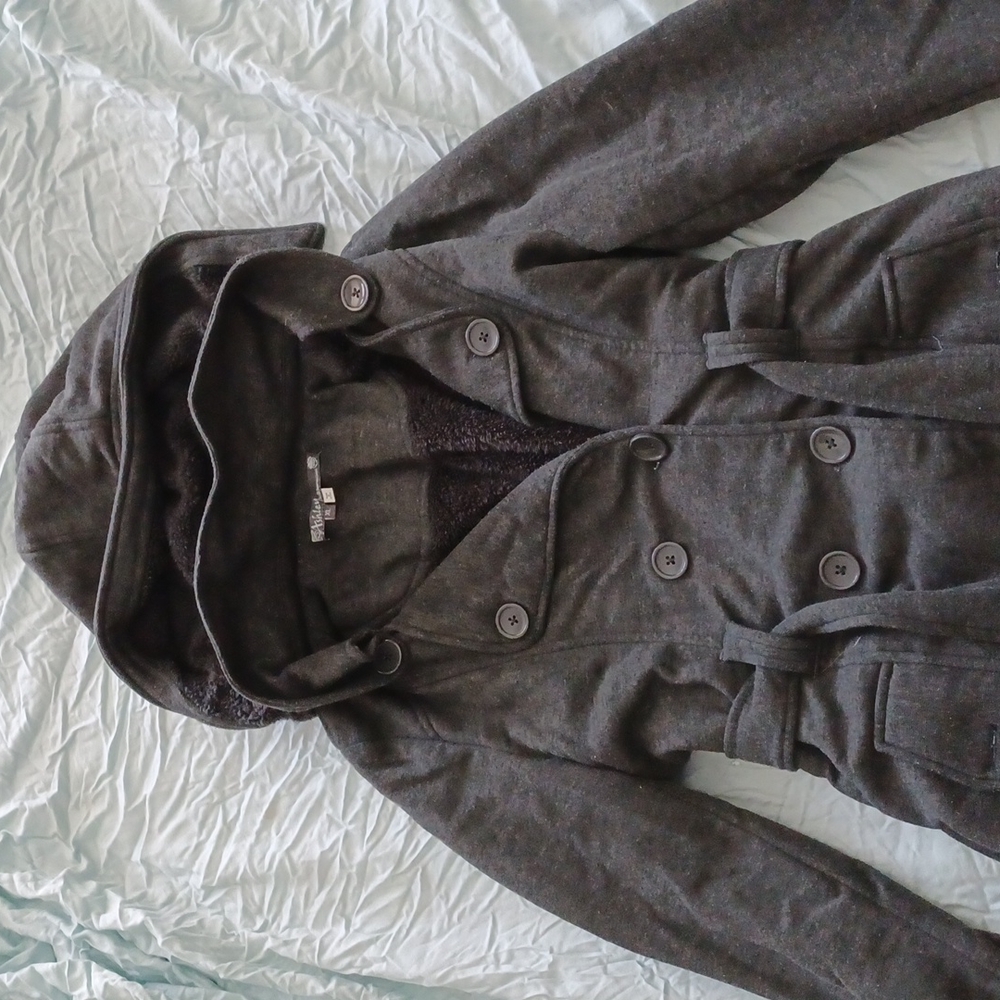 Womens dark grey sweatshirt trench coat waist length with lined fleece hood